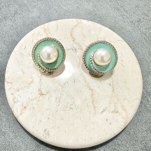 Vintage Silver Tone With turquoise Enamel With Faux Pearl Statement Earrings